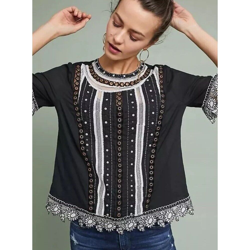 NWT Anthropologie Bonnie Top by Vanessa Virginia Black Embroidered‎ Sz 6 $148